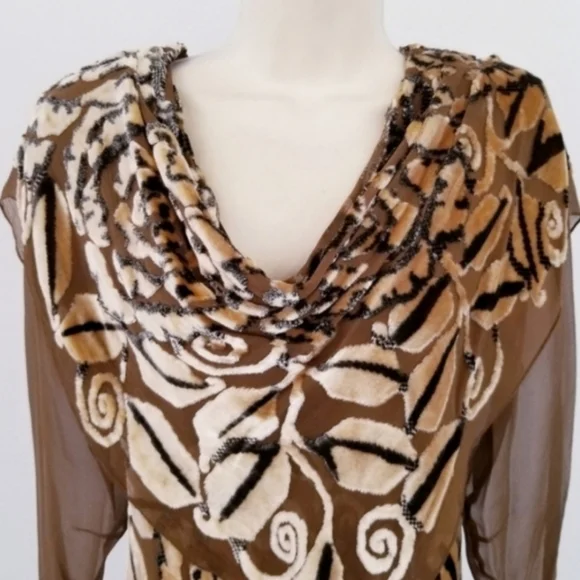 Marian Clayden Neiman Marcus Dress Cut Silk & Velvet Burnout Maxi Tan Size M - Picture 5 of 17